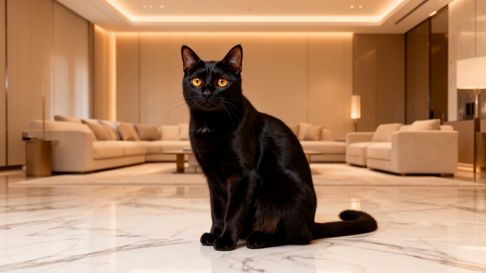 Gato preto elegante em ambiente moderno